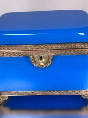 Large 1800s Blue Opaline Glass Casket Jewelry Box with Ormolu Base and Feet